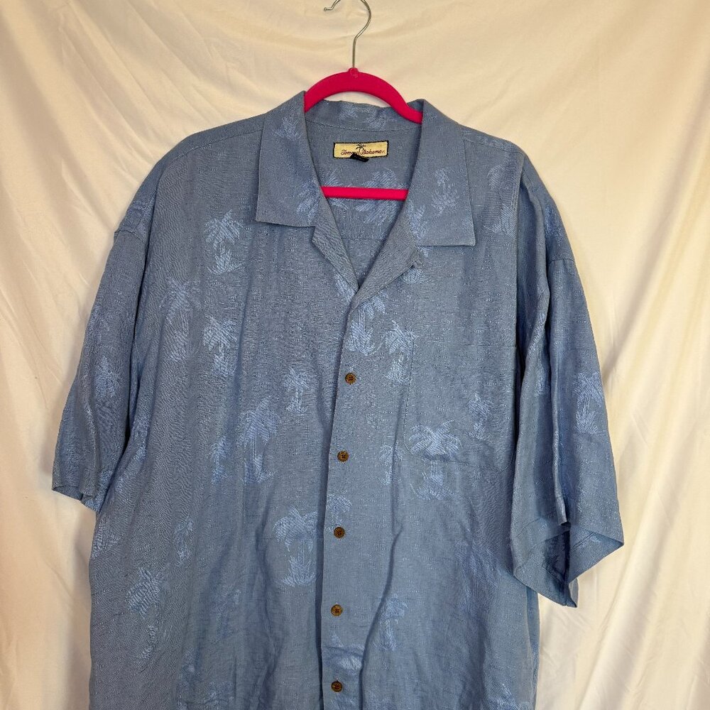 Tommy Bahama Shirt Mens XXL Blue Linen Palm Trees Button Up Lightweight